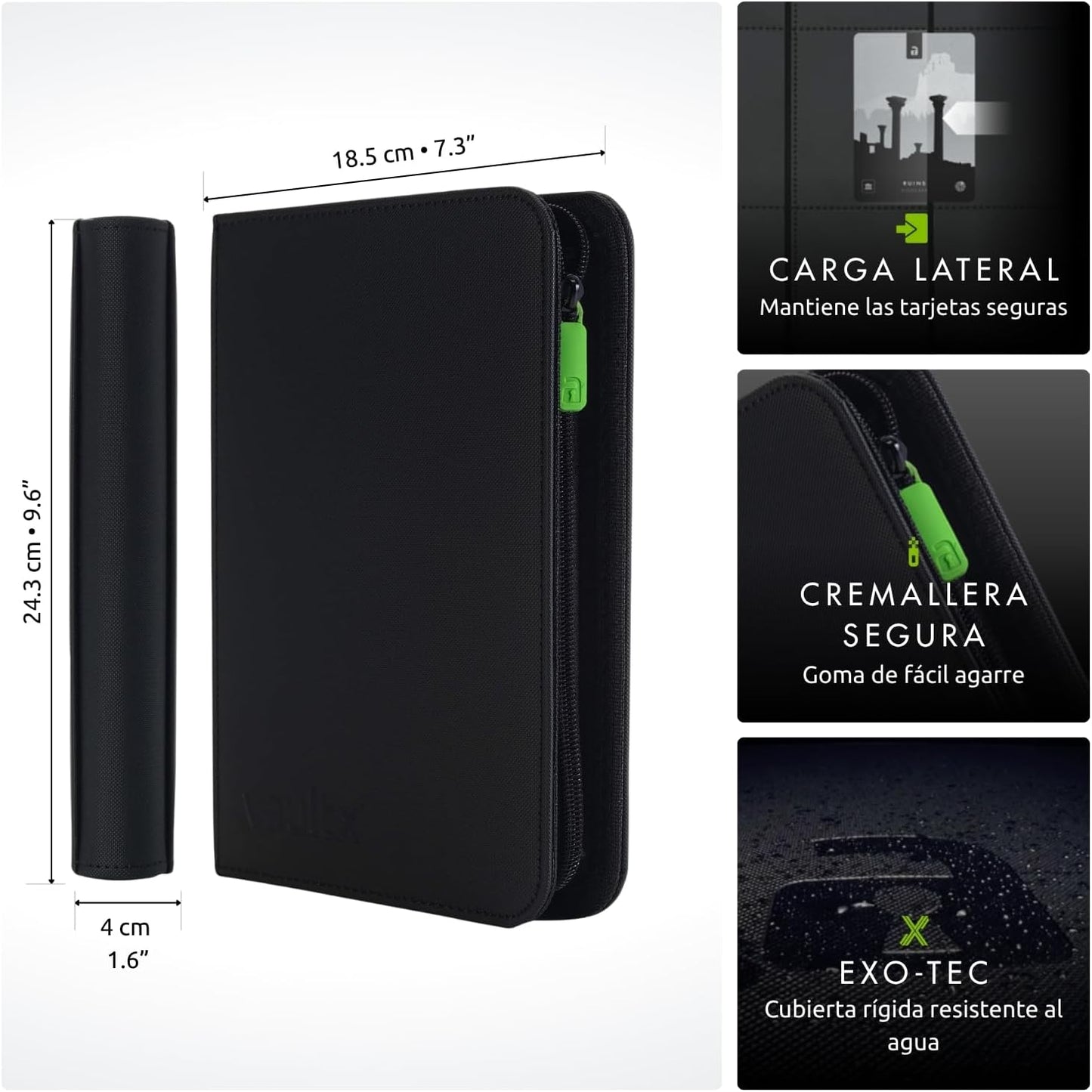 Vault X 4 Pocket Trading Card Binder with Zipper, 160 Cards, Premium Exo-Tec Album Material, 20 Side Loading Sheets, Collectible Games Folder, TCG (Black)